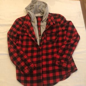 Red flannel hooded jacket.